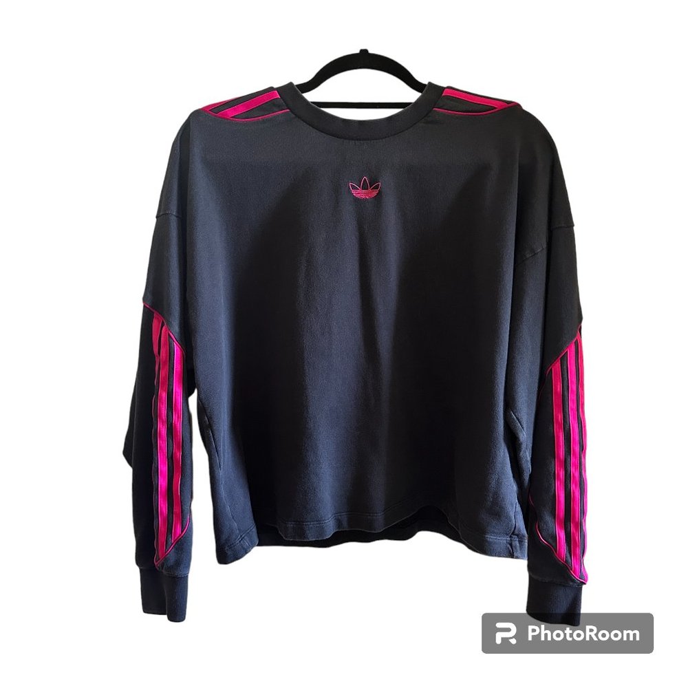 Adidas Black Pink Trefoil Sweater Pullover 3 Stripe Size Medium